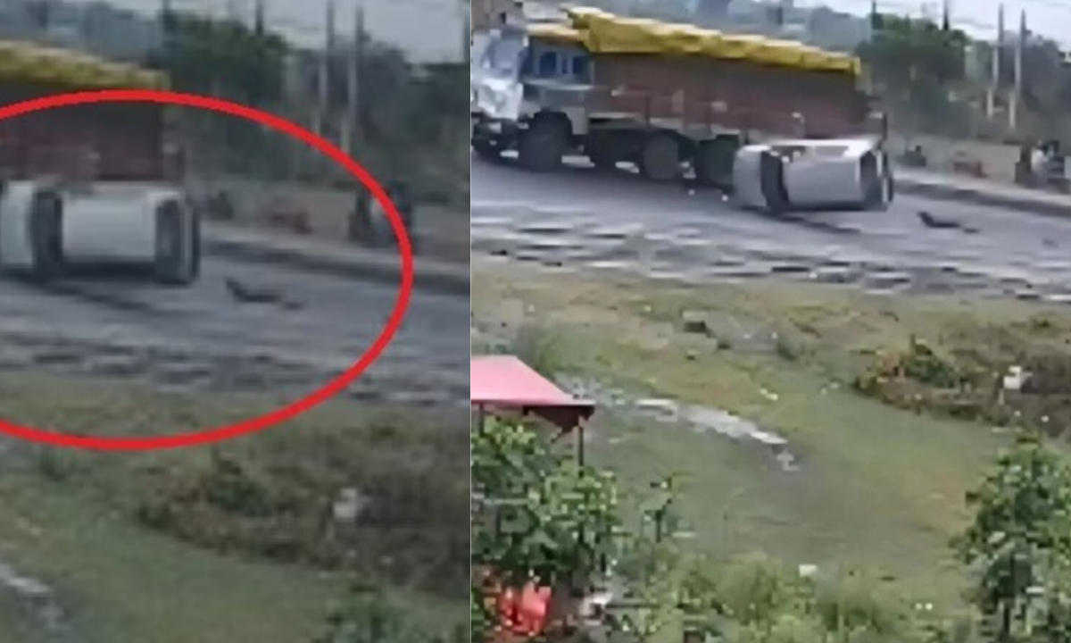 सीसीटीवी में कैद हुआ खौफनाक हादसा, तेज रफ्तार ट्रक से टकराकर पांच बार पलटी कार, सभी यात्री सुरक्षित