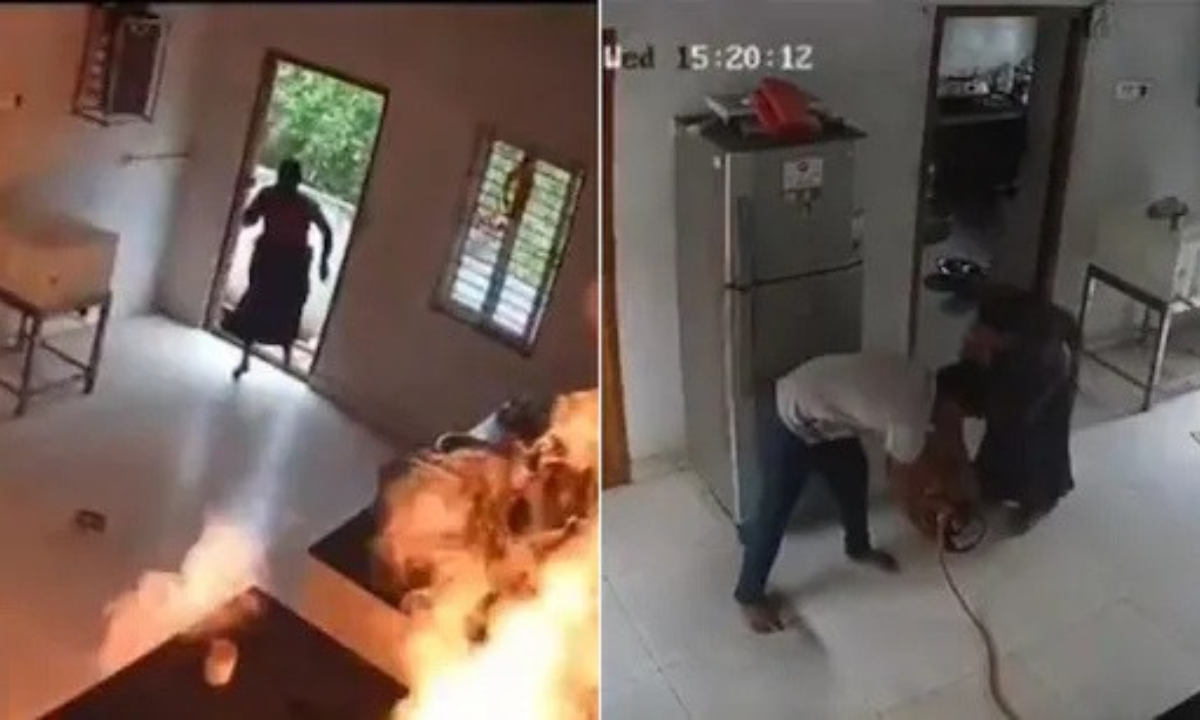 गैस सिलेंडर विस्फोट घरेलू हादसे में महिला की बाल-बाल हुई जान, वायरल हुआ भयंकर VIDEO