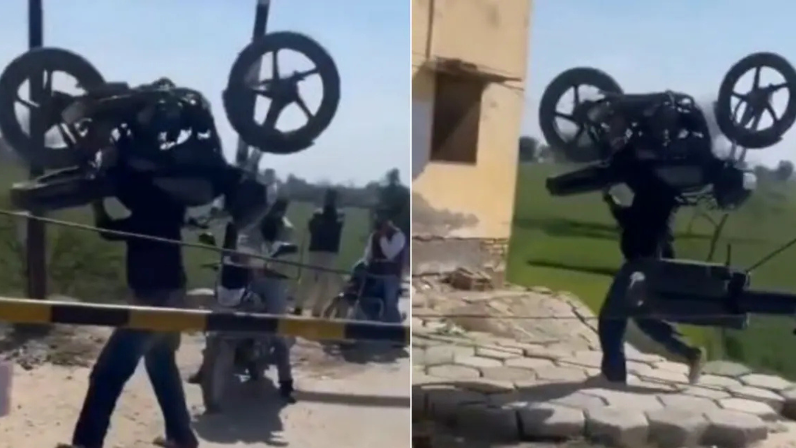 रेलवे फाटक पर शख्स की खतरनाक हरकत! कंधे पर बाइक उठाकर पार की पटरी वीडियो वायरल